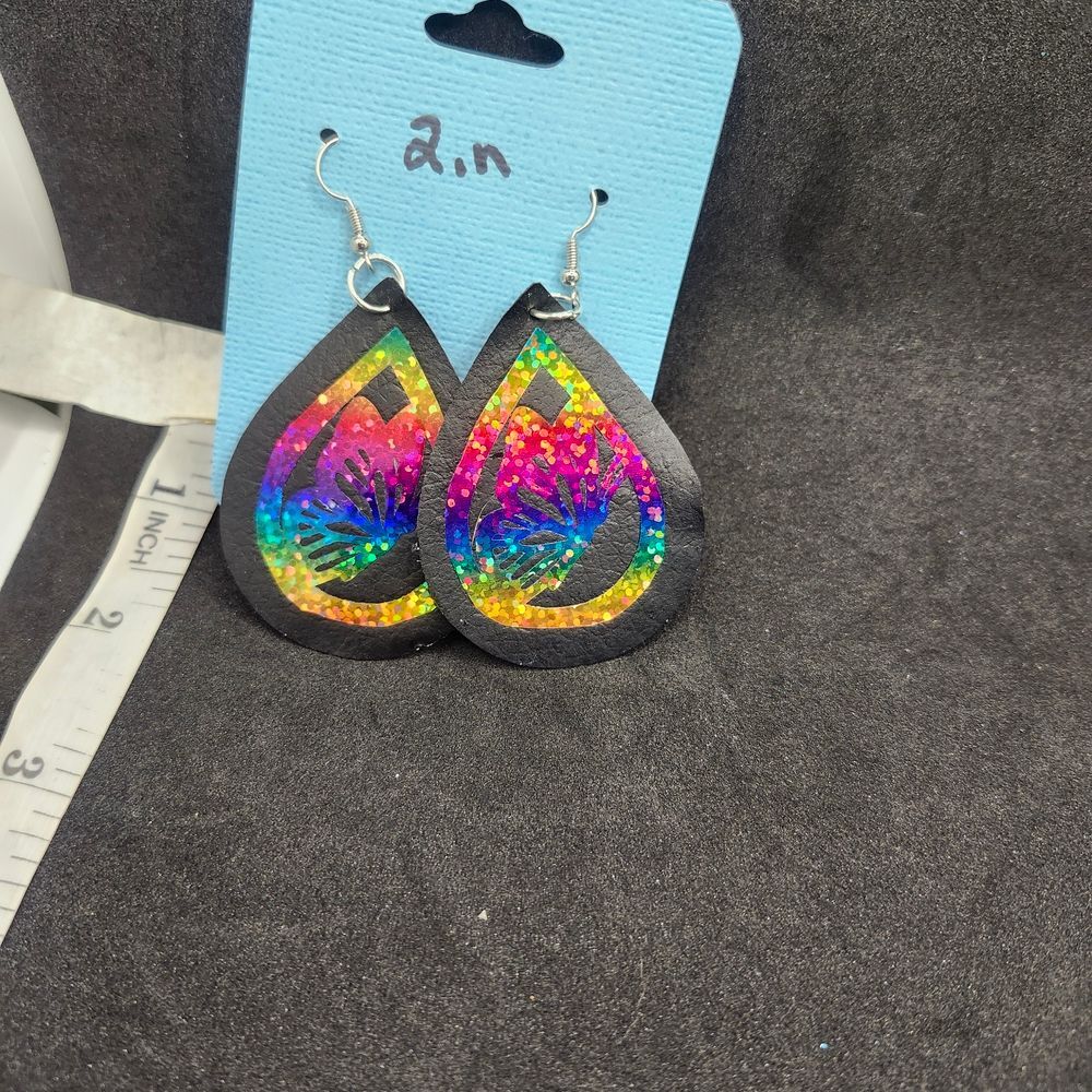 Sparkle Butterfly Faux Leather Teardrop Earrings, Handmade Dangle Lightweight